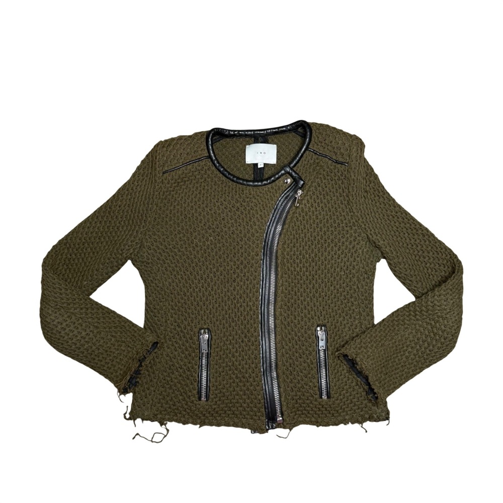 IRO Miali Moto Jacket Women 3 Olive Green Good Cotton Lamb Leather Knit Frayed
